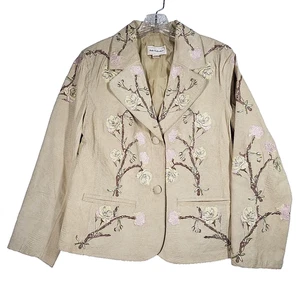 Vtg Keke Collection Embroidered Suede Blazer Womens M Beige Floral Boho 2 Button - Picture 1 of 14