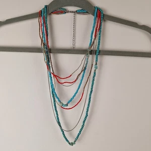 Collana di perline multifilo (7) stile sud-ovest perline e catene tono argento - Foto 1 di 8