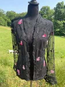 Womens JS Boutique Cardigan 4 black sheer embroider sequence fairy goth evening - Picture 1 of 12