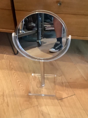 MID CENTURY MODERN HUGE ROUND CHROME & LUCITE LARGE ROUND MIRROR IN STAND NR Cover