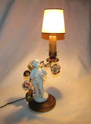 LAMPE ANCIENNE PORCELAINE BRONZE CHERUBIN CAPODIMONTE 19ème siècle Antique  lamp - Photo 1/4