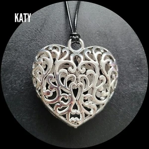 Large Hollow Heart Silver Tone Pendant Black Cord Necklace Vintage Look Gift - Picture 1 of 5