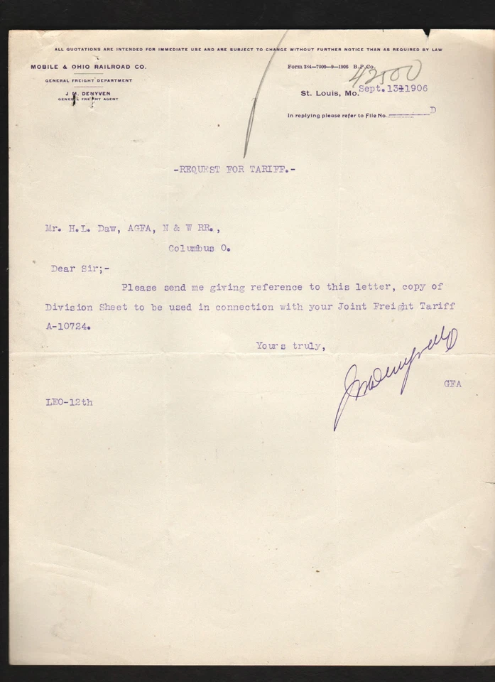 Mobile & Ohio Railroad Co. * 1906 letter signed by agent Joseph M. Denyven * J M - Image 1 of 1