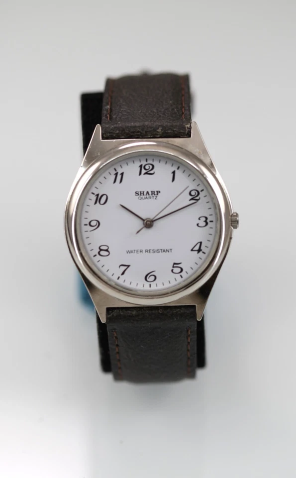 Sharp Men Watch Stainless Steel Silver WR Brown Leather Battery White Quartz - Image 1 of 4