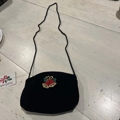 Cartera de vacaciones Mitzi campanas bordadas terciopelo negro Navidad ~ pequeña ~ correa larga Foto 1 de 4