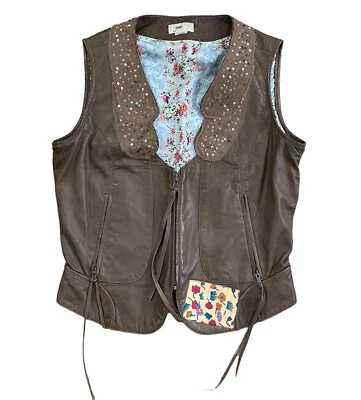Chaleco Forro Seda Cuero Real Junio Motociclista Boho Lentejuelas Cremallera Frontal Talla M Foto 1 de 4