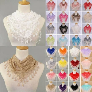 Niña De Encaje TUL Flor Bufanda Triangular Chal Cabeza Cuello Envuelta En Borlas - Picture 1 of 46