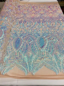 Iridescent Aqua/Blue - Sequins Fabric 4Way Stretch Mesh Lace Fabric  By Yard - Picture 1 of 7