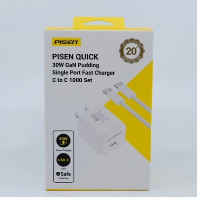 Cargador rápido USB-C de 30 W de un solo puerto Pisen Quick GaN Pudding con cable USB-C a C Foto 1 de 4