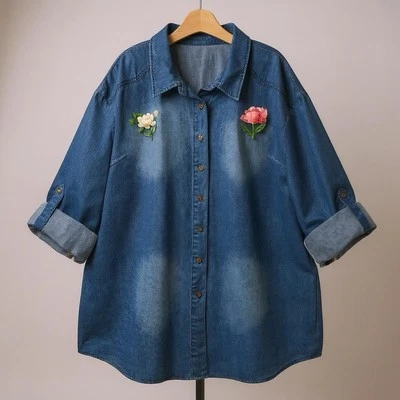 Camisa túnica Jean 2XL azul denim floral bordada a mano mangas enrollables ÚNICA EN SU CLASE Foto 1 de 4
