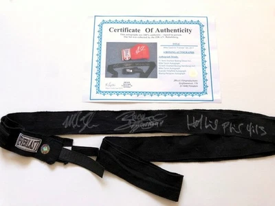 MIKE TYSON + EVANDER HOLYFIELD + MANNY PACQUIAO - orig. Autogramme Bandage + COA - Bild 1 von 4