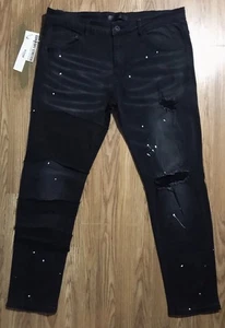 NWT KDNK Distressed Black Denim Jeans w Paint Splatter Accent Size 38 Skinny Fit - Picture 1 of 9