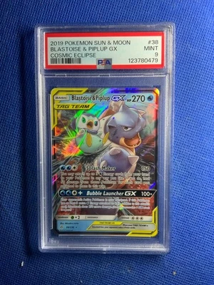 2019 Pokémon Sun & Moon Blastoise & Piplup GX PSA 9 Mint Cosmic Eclipse #38 - Image 1 of 2