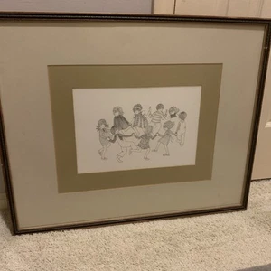 Vintage 1973 Julie Corsover Ring Around the Rosy Children Framed Art Print - Picture 1 of 12