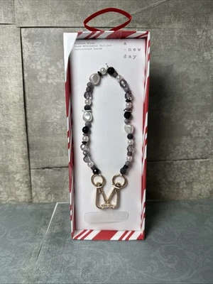 A New Day Black Wristlet Strap - White/Grey/Black Beaded Phone Strap NEW Sealed - Image 1 of 4