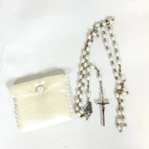VTG White Catholic Rosary Beads Religious With White Pouch Italy 1st Communion - Picture 1 of 5