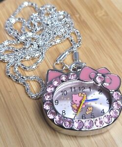 WATCH Hello KITTY Pendant Necklace Watch Timepiece Pink 12 inch chain