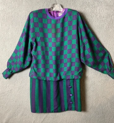 Vestido vintage Carol Mignon Silks 10 cuadros rayas púrpura verde caída cintura blusa Foto 1 de 4