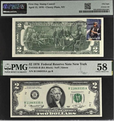 1976 $2 Federal Reserve Note PMG 58 - First Day Stamp Cancel - Cherry Plain, NY - Image 1 of 3