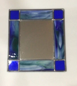 Vintage Retro Blue Stained Leaded Glass Mirror Silver Metal Frame Wall Art - Picture 1 of 10