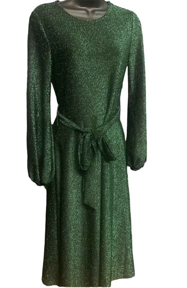 Women's Round Neck Bishop Long Sleeve Belted Glitter Luxury Dress Green S Foto 1 de 4