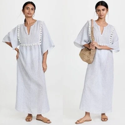 Vestido midi de caftán Tory Burch XS a rayas con borlas a rayas azul marfil para mujer, Foto 1 de 4