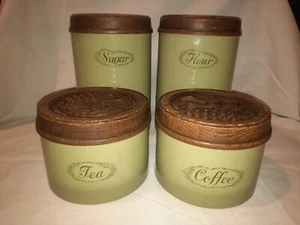 Vintage Green Cheinco Burlington Crafts 1970s Tin Sugar Coffee Tea Flour Set - Picture 1 of 9
