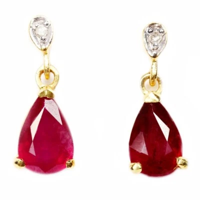 925 STERLING SILVER DROP EARRING GENUINE RED RUBY 8X6 MM. PEAR GEMSTONE - Image 1 of 4
