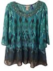 Catherines Top Women 1XP Pleated Flowy Tunic 3/4 Flare Sleeve Jeweled Scoop Neck