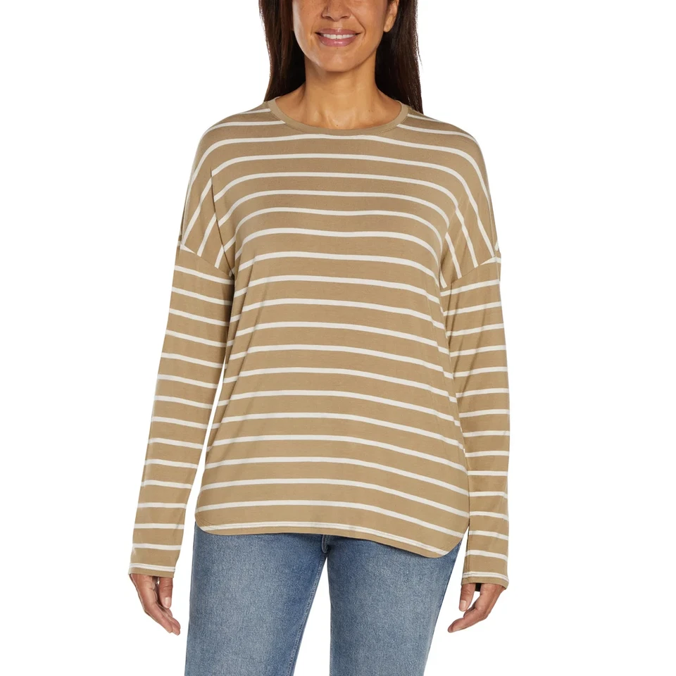 Gap Ladies' Size Medium (8-10) Drop Shoulder Top Long Sleeve Shirt Tan Stripe