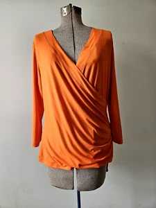 Lauren Ralph Lauren Womens Black Label Top Blouse Orange 3/4 Sleeve Wrap Front - Picture 1 of 14