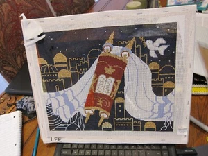 HAND-PAINTED NEEDLEPOINT CANVAS SIGNED LEE OF TORAH IN FRONT OF ANCIENT CITY - Picture 1 of 5
