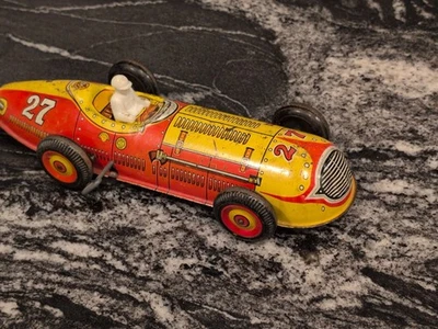 Litografía de hojalata Marx vintage cuerda no. Coche de carreras Indianápolis 27 con velocidad del conductor Foto 1 de 4