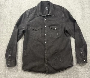 ZARA Mens Black Collared Denim Jeans Jacket Distressed Preppy Size XL Button - Picture 1 of 5