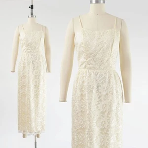Vintage 80s does 60s Cream Lace Spaghetti Strap Pencil Long Sheath Maxi Dress XS - Picture 1 of 9