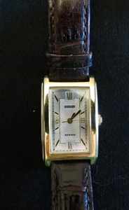 GUESS Watch STEEL G66517L Rectangular Gold Face Watch Leather Band New Battery - Picture 1 of 7