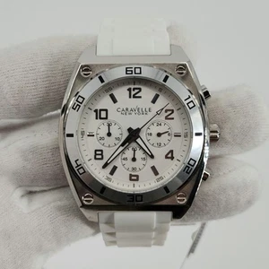 Caravelle Men's Large Silver Tone w/ White Dial Quartz Chronograph Watch - Picture 1 of 17