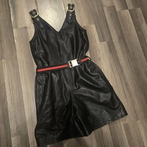Gucci Style Black Leather Zip Romper Red Stripe Gold Buckle Belted Sexy Club M - Picture 1 of 21