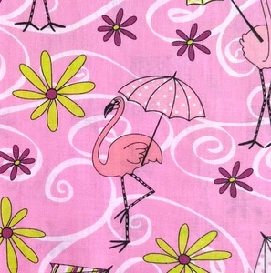 2.6 43"W Vtg Living Flamingos Umbrellas Pink Cotton Fabric Springs Ind's #6813 - Picture 1 of 8