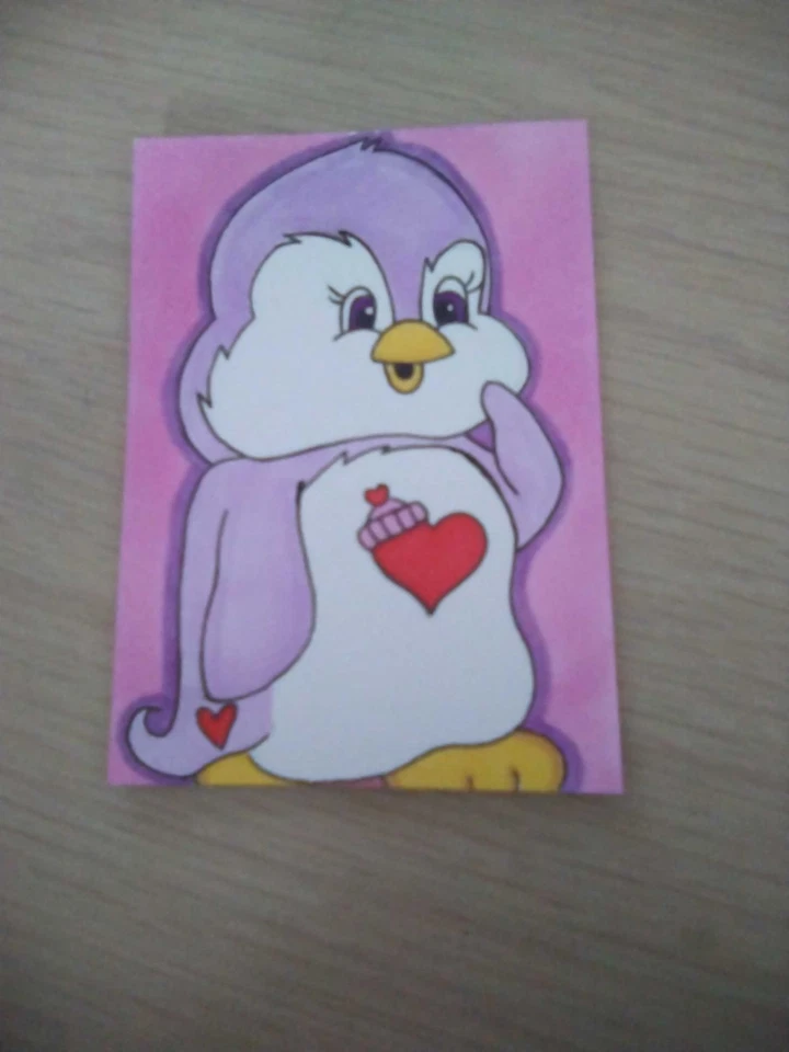Tarjeta de arte de pintura ACEO original de medios mixtos ATC dibujos animados cuidado osos 34 Foto 1 de 1