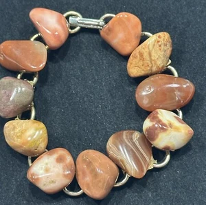 Vintage Polished Semi Precious Gemstone Gold Tone 8” Artisan Bracelet EUC - Picture 1 of 10