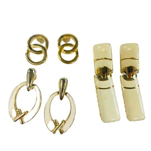 Vintage 80s Earrings Three Pairs Circles Artistry, Cream & Gold Enamel Studs - Picture 1 of 4