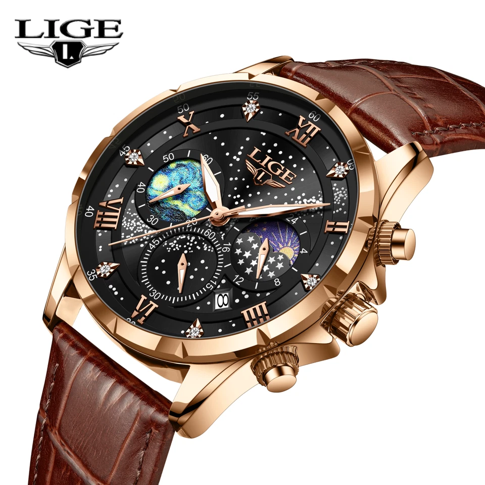 - LIGE LG89107 Men's Sport 42mm Chronograph Date Moon phase Leather