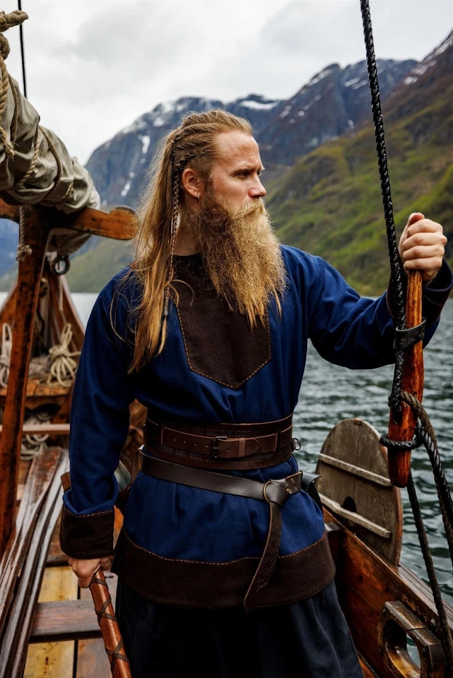 Wikinger Tunika aus Wolle Dunkelblau / braun - Bild 1 von 4