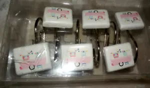 NEW Vintage Retro CAMPER SHOWER CURTAIN HOOKS TRAILER Pink AQUA Blue - Picture 1 of 2