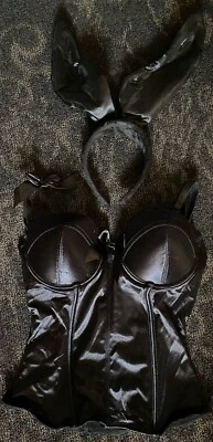EXOTIC BUNNY COSTUME BLK FAUX LEATHER LOOK CORSET SZ 36C & HEADBAND W/EARS SEXY - Image 1 of 4