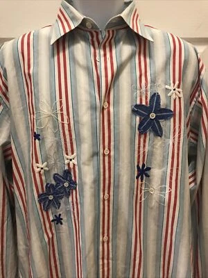 Martin Gordon Shirt Mens LARGE Red Blue Nautical Stripe Long SL Button Embroider - Image 1 of 4