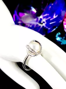 SWAROVSKI SWAN SILVER RHODIUM PAVE RHINESTONE FAUX PEARL RING SIZE 52 US 5.75 - Picture 1 of 10