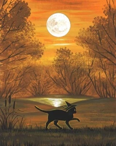 8x10 PRINT OF PAINTING RYTA HALLOWEEN BLACK CAT WITCH AUTUMN LANDSCAPE FOLK ART - Picture 1 of 1