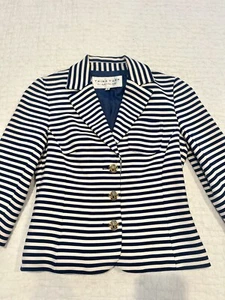 Trina Turk Navy & White Striped Knit 3/4 Sleeve 3 Button Jacket Blazer $328 - Picture 1 of 6